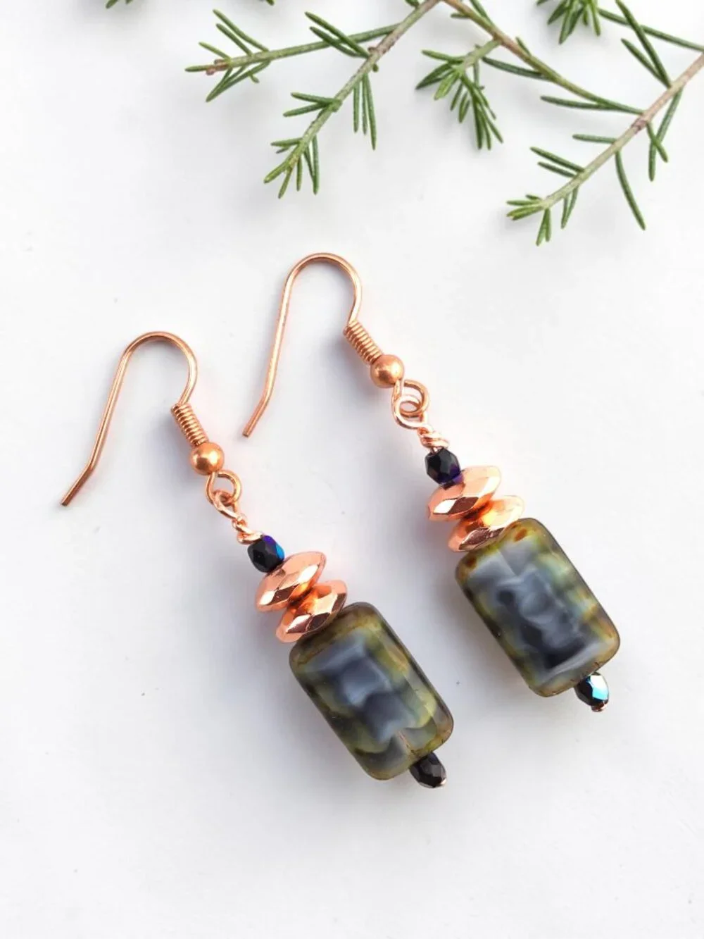 Moss Green Copper Earrings Blue Green Czech Glass Rustic Boho Handmade 2